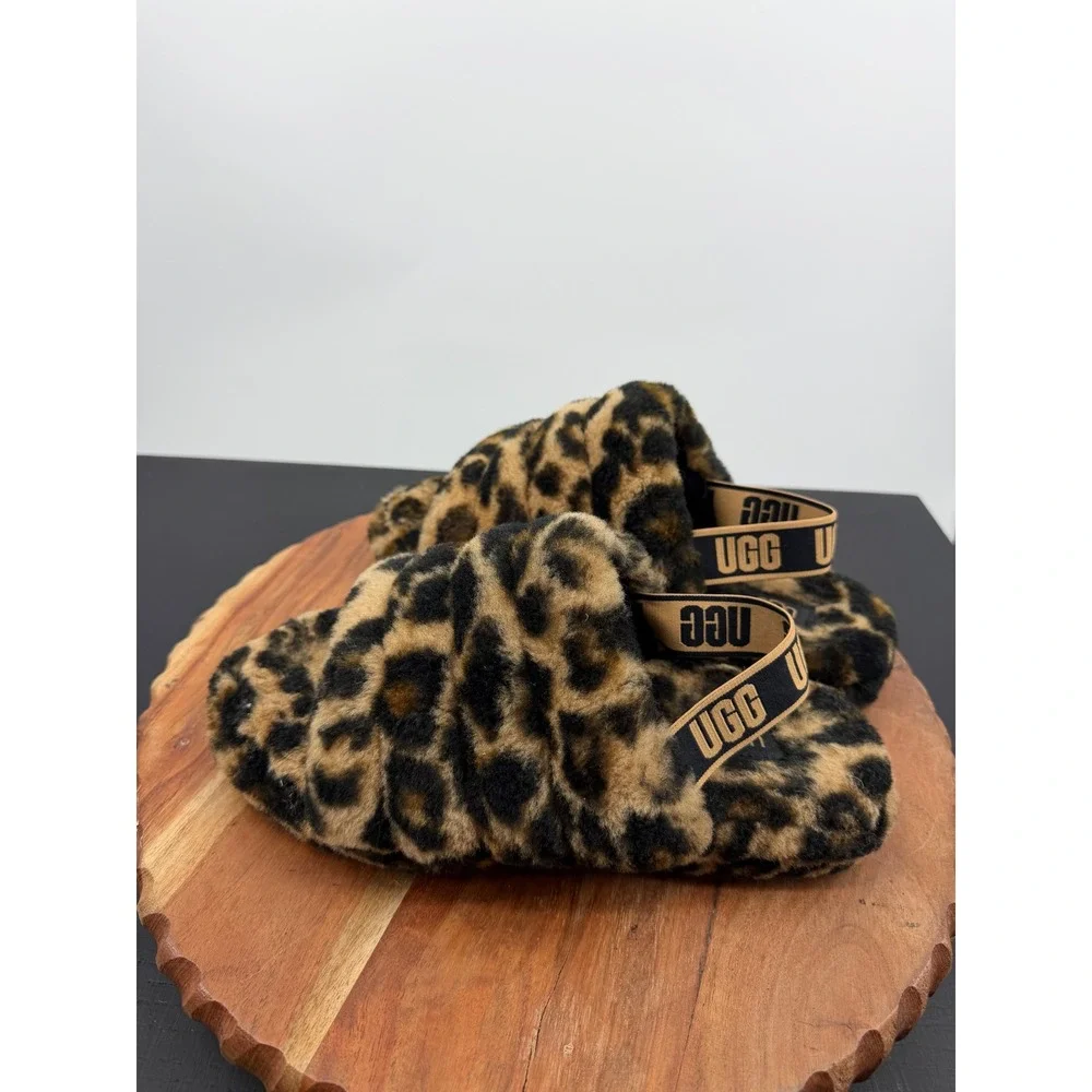 UGG Fluff Yeah Panther Print Slide Girl 5 Brown Leopard Slingback 1123640K